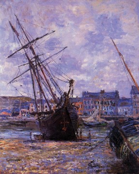  Boat Oil Painting - Boats Lying at Low Tide at Facamp Claude Monet